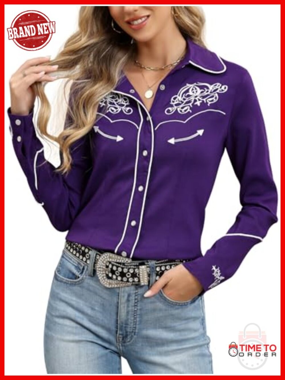 Embroidered Cowgirl Snap Button Western Blouse Long Sleeve
